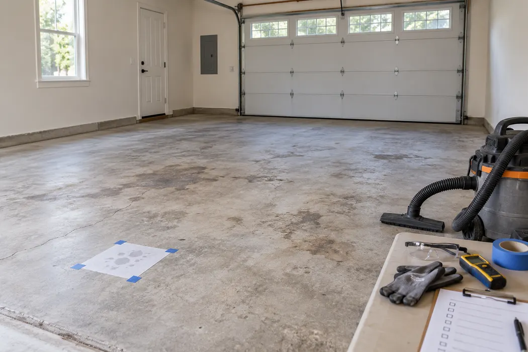 Bare concrete garage prepared for epoxy installation with cleaning tools and a preparation checklist