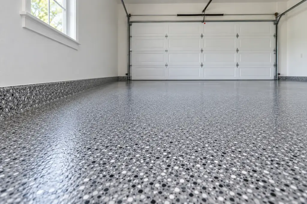 AI-generated sample vinyl flake garage floor detail view