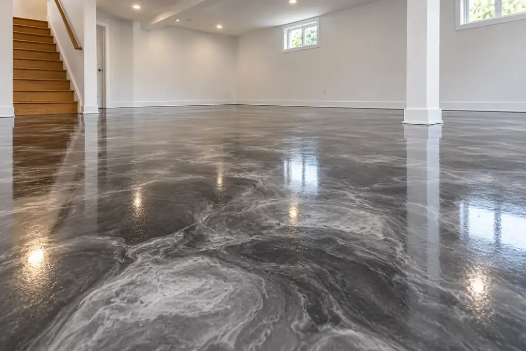AI-generated sample metallic epoxy basement floor detail view