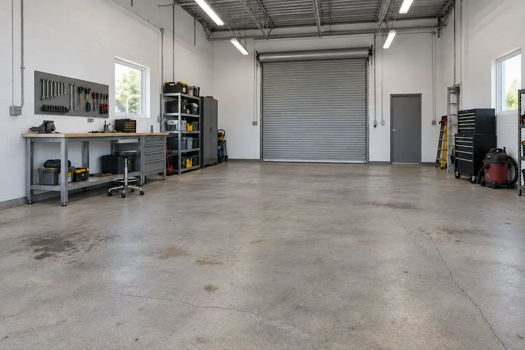 AI-generated sample solid gray epoxy workshop floor before coating