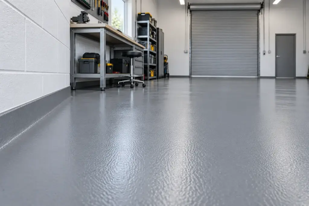 AI-generated sample solid gray epoxy workshop floor detail view